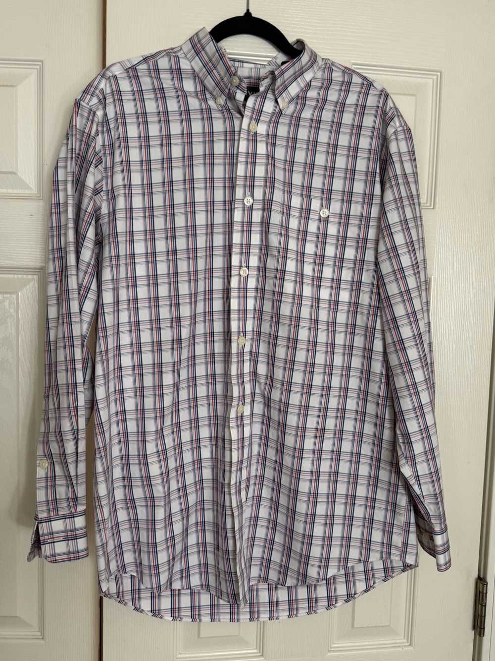 Orvis Mens Plaid Button Down Shirt Red Blue 100% Cotton Long Sleeve